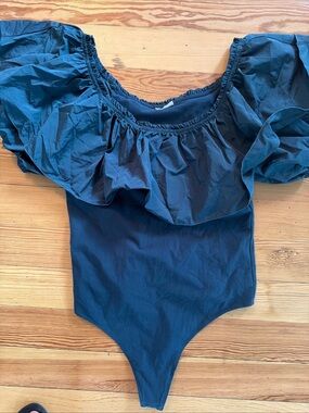 Free People Blue Bodysuit Large Poof Goes My Heart Thong Off The Shoulder Top L